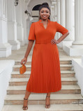 Plus Size Women's Office Summer Short Sleeve Fashion V-Neck High Waist Chic Pleated Long Dress