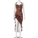 Summer Women's Sexy Low Back Halter Neck Lace-up Asymmetric Leopard Dress