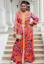 Plus Size Women's Loose Lace Embroidery Chiffon Print Evening Dress