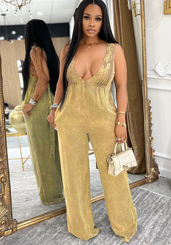 Women Solid Backless Sleeveless Denim Jumpsuits