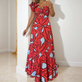 Spring fashion elegant sexy printed high waist strap hollow long dress