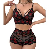 Sexy lingerie set lace See-Through red lips embroidered bra shorts set