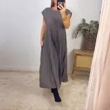 Autumn women's elegant fashion Round Neck sleeveless pleated long dress