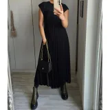 Autumn women's elegant fashion Round Neck sleeveless pleated long dress