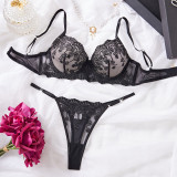Spring Summer women's sexy double-layer mesh flower embroidery black erotic lingerie set
