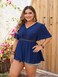 Plus Size women's casual loose short-sleeved v-neck high waist print top