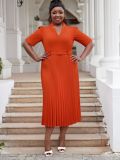 Plus Size Women's Office Summer Short Sleeve Fashion V-Neck High Waist Chic Pleated Long Dress