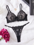 Spring Summer women's sexy double-layer mesh flower embroidery black erotic lingerie set