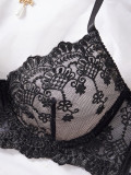 Spring Summer women's sexy double-layer mesh flower embroidery black erotic lingerie set