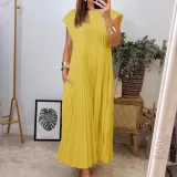 Autumn women's elegant fashion Round Neck sleeveless pleated long dress