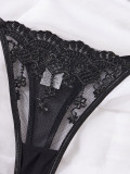 Spring Summer women's sexy double-layer mesh flower embroidery black erotic lingerie set