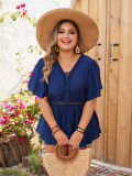 Plus Size women's casual loose short-sleeved v-neck high waist print top