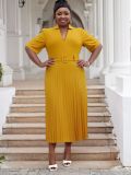 Plus Size Women's Office Summer Short Sleeve Fashion V-Neck High Waist Chic Pleated Long Dress