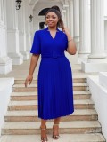 Plus Size Women's Office Summer Short Sleeve Fashion V-Neck High Waist Chic Pleated Long Dress