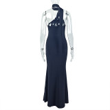 Women solid elegant pleated asymmetric stand collar sleeveless dress