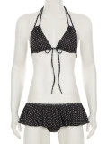 Women Polka Dot Ruffle Lace-up Halter Neck Swimwear  Two-piece Set