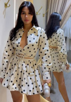 Women Spring Sexy Polka Dot Print Top and Mini Lace-up Bubble Skirt Two-piece Set
