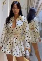 Women Spring Sexy Polka Dot Print Top and Mini Lace-up Bubble Skirt Two-piece Set