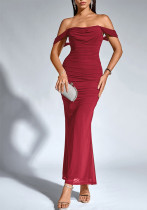 Women Fishbone Mesh Pleated Backless Off Shoulder Bodycon Dress