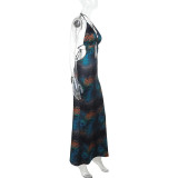 Women Hollow V Neck Halter Neck Backless Animal Print Holidays Dress