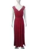 Women Sexy V-neck Sleeveless Lace Slit Dress