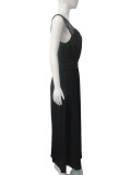 Women Sexy V-neck Sleeveless Lace Slit Dress