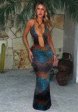 Women Hollow V Neck Halter Neck Backless Animal Print Holidays Dress