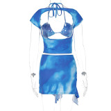 Women Summer and Autumn Wrap-around Short Sleeve Lace-up Irregular Top and Skirt Two-piece Set