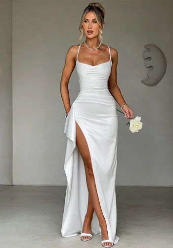 Women sexy lace-up solid strap slit dress