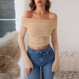 Women Off Shoulder Mesh Patchwork See-Through Long Sleeve Top