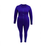 Plus Size Women Sports Zipper Solid Top and Pants Two-piece Set