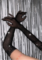 Women Sexy Beaded Fishnet Black Lace Diamond Gloves