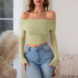 Women Off Shoulder Mesh Patchwork See-Through Long Sleeve Top