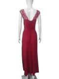 Women Sexy V-neck Sleeveless Lace Slit Dress