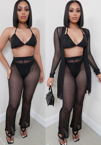 Women Spring Sexy Mesh See-Through Top and Pants Four-piece Set