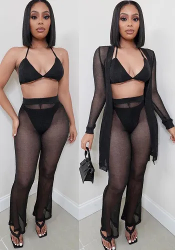 Women Spring Sexy Mesh See-Through Top and Pants Four-piece Set
