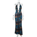 Women Hollow V Neck Halter Neck Backless Animal Print Holidays Dress