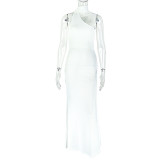 Women solid elegant pleated asymmetric stand collar sleeveless dress
