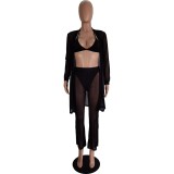 Women Spring Sexy Mesh See-Through Top and Pants Four-piece Set
