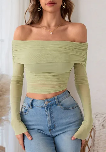Women Off Shoulder Mesh Patchwork See-Through Long Sleeve Top