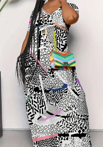 Plus Size Women V-Neck Printed Pocket Dress
