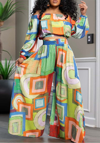 Plus Size Women Elegant Off Shoulder Long Sleeve Top and Pants Two-piece Set