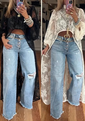 Women spring and summer lace floral see-through top