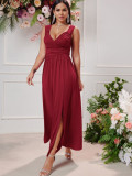 Women Sexy V-neck Sleeveless Lace Slit Dress