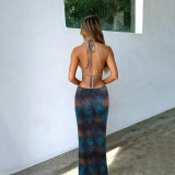 Women Hollow V Neck Halter Neck Backless Animal Print Holidays Dress