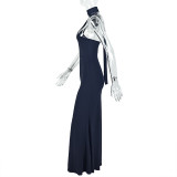 Women solid elegant pleated asymmetric stand collar sleeveless dress