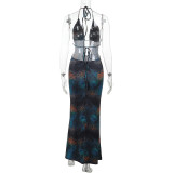 Women Hollow V Neck Halter Neck Backless Animal Print Holidays Dress