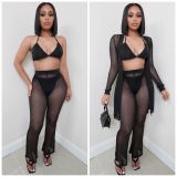 Women Spring Sexy Mesh See-Through Top and Pants Four-piece Set