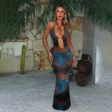 Women Hollow V Neck Halter Neck Backless Animal Print Holidays Dress