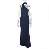 Women solid elegant pleated asymmetric stand collar sleeveless dress